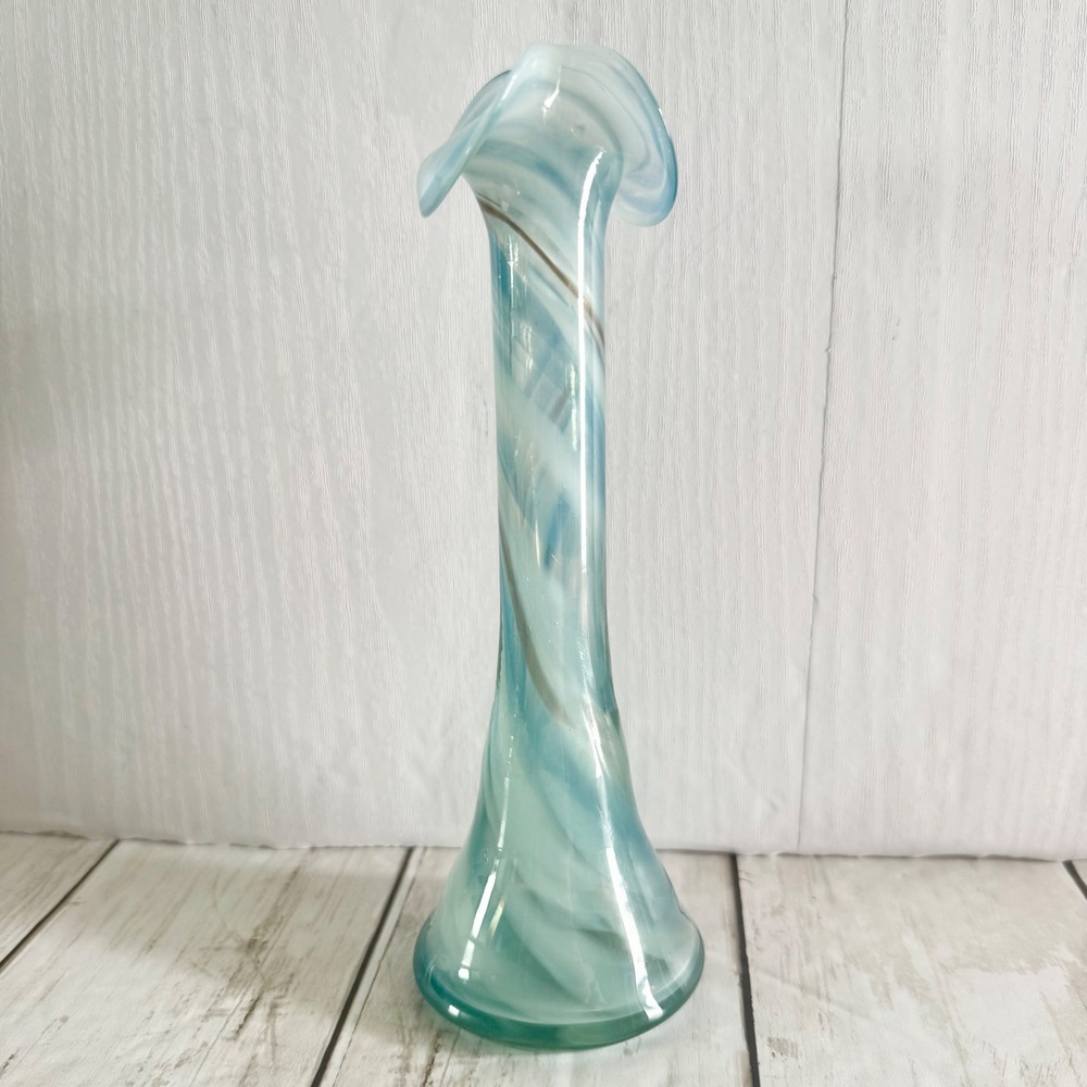 Art Glass Bud Vase Aqua Teal White Swirl Hand Blown Ruffled Rim 7.5 inch